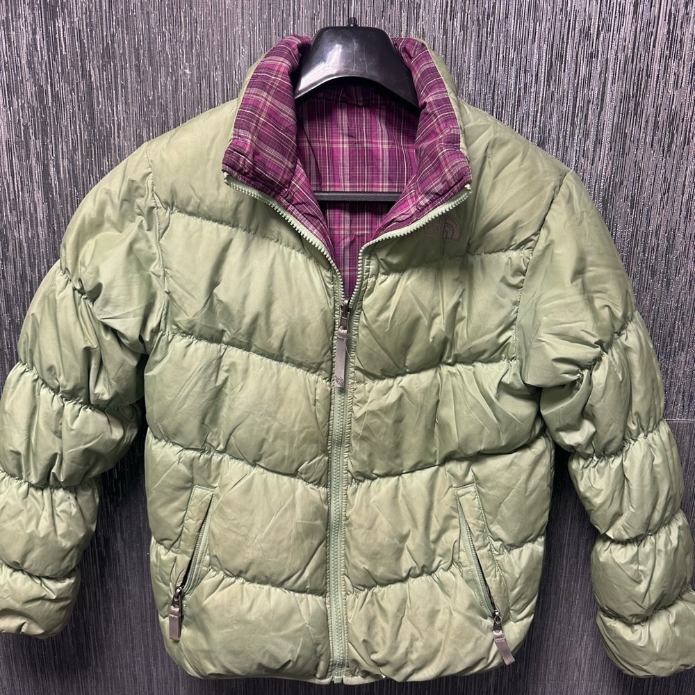 Girls Green Puffer Jacket reversible- Plaid Lining